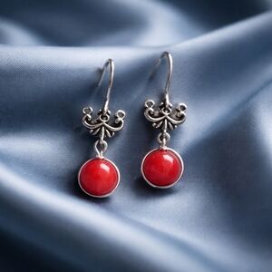 Handmade Red Bead Drop Earrings Vintage Style Silver Tone Artisan Jewelry